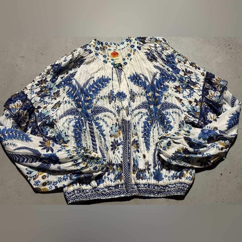 FARM Rio Blue & White Floral Embroidered Peasant Blouse - Picture 2 of 12